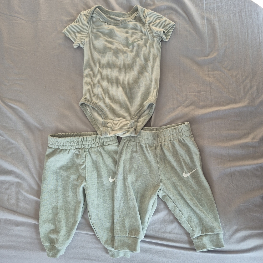 Nike Baby Green Striped Onesie and Pants Set- 3 Months